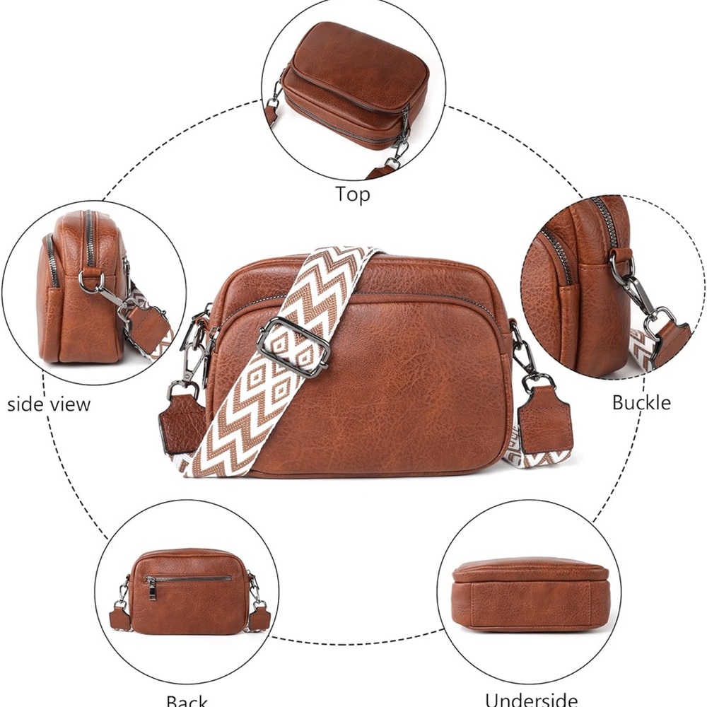 Brown Crossbody Bag with Patterned Strap - Picture 5 of 6